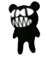 a black teddy bear with white teeth on a white background