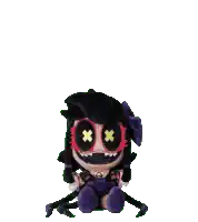 a stuffed doll with black hair and red eyes is sitting down