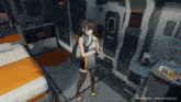 a girl is standing in a room with a sign that says acr