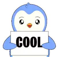 a blue penguin is holding a sign that says " not cool "