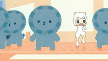 a cartoon drawing of a girl standing in front of a group of blue circles