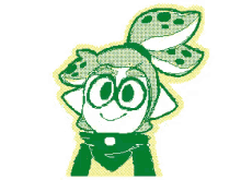 a pixel art drawing of a cartoon character wearing a green hat and a green scarf .