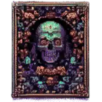 a pixel art of a skull in a frame with flowers