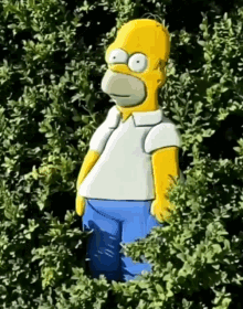 homer simpson is standing in a bush with his eyes closed