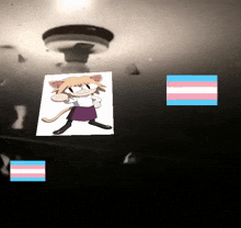 a picture of a cartoon cat with a transgender flag behind it
