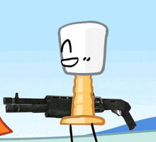 a cartoon character with a marshmallow head holding a gun