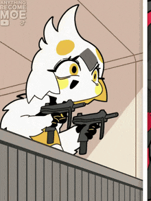 a cartoon of a bird holding two guns and the words anything become moe