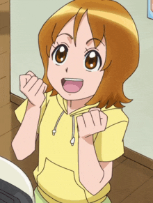 a cartoon girl with orange hair is wearing a yellow sweatshirt