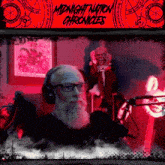 a poster for midnight nation chronicles features a man with a beard and headphones