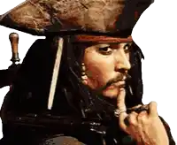 a man in a pirate hat is holding his finger to his mouth