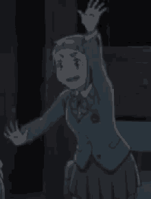 a black and white cartoon of a girl in a school uniform waving her hand .