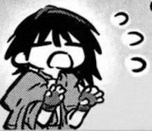 a black and white drawing of a person making a face with their hands .