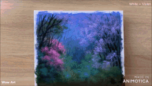a painting of a forest with purple flowers is made in animatica
