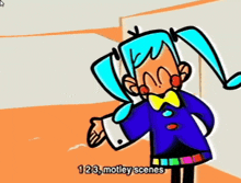 a cartoon girl with blue hair and a blue jacket is standing in front of a wall .