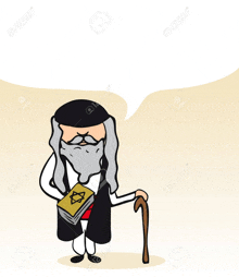 a cartoon illustration of a jewish man holding a book and a cane .