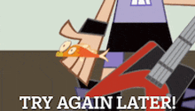 a cartoon of a person holding a fish and a guitar with the words try again later