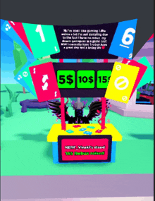 a nerf vinsk 's stand in a video game with cards for 5 10 15 and 6 dollars