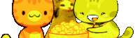three cartoon cats are standing next to each other and one of them is holding a bowl of corn .