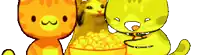 three cartoon cats are standing next to each other and one of them is holding a bowl of corn .