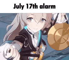 a girl is holding a gong and pointing at the camera with the words `` july 17th alarm '' .