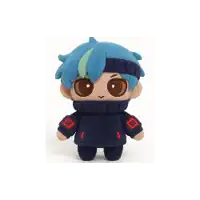 a stuffed toy of a boy with blue hair and red sleeves