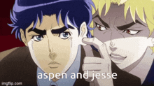 two anime characters are standing next to each other with the words aspen and jesse in the corner