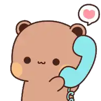 a cartoon bear is talking on a phone with a heart in a speech bubble above it .