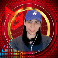 a woman wearing a la dodgers hat and earphones