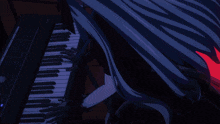 a close up of a blue haired anime girl with a purple background