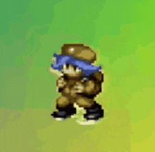 a pixel art of a person with blue hair and a backpack .