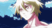 a close up of a anime character with yellow hair and red eyes