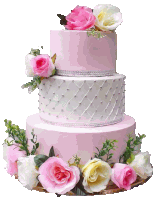 a pink and white cake with pink and yellow flowers on top