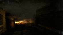 a computer generated image of a dark room with a barrel on fire