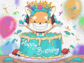 a happy birthday cake with a dog wearing headphones on top of it