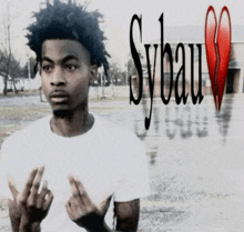 a man giving the middle finger with sybau written on the bottom