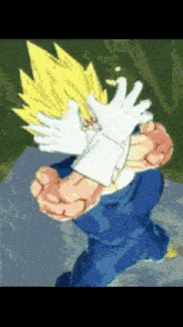 a cartoon character is wearing a pair of white gloves on his hands .