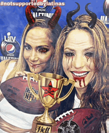 a picture of two women with horns and a trophy that says hell on it