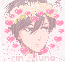 a picture of a boy with a flower crown on his head and the words rin luna on the bottom