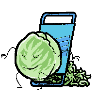 a cartoon illustration of a cabbage with arms and legs and a grater .