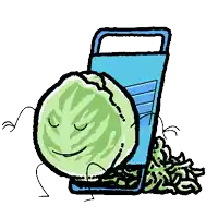 a cartoon illustration of a cabbage with arms and legs and a grater .