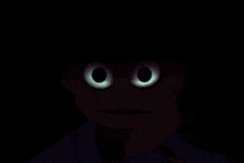 a close up of a person 's face with big eyes in the dark