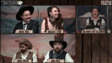 a group of people sitting in front of a wooden wall with the words wild cards on it