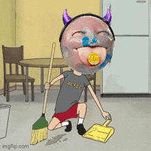 a cartoon of a man holding a broom and a shovel with a devil 's head on his head