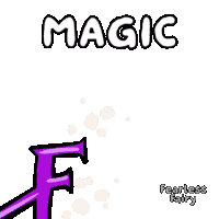 a cartoon character holding a purple object with the words magic fearless fairy written below it