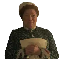 an elderly woman wearing a blue and white dress and apron is smiling