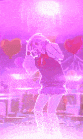 a girl with pink hair is jumping in a room with balloons