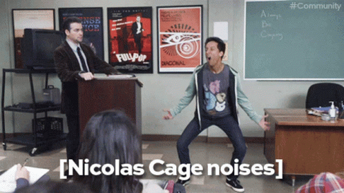 Abed's brain breaks as he tries to determine if Nick Cage is a good or a bad actor.