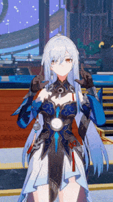 a girl with long white hair is making a peace sign in a game