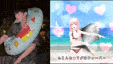 a man wearing a cartoon character float next to a picture of a woman in a bikini