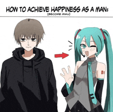 a cartoon of a man and a girl with the words how to achieve happiness as a man